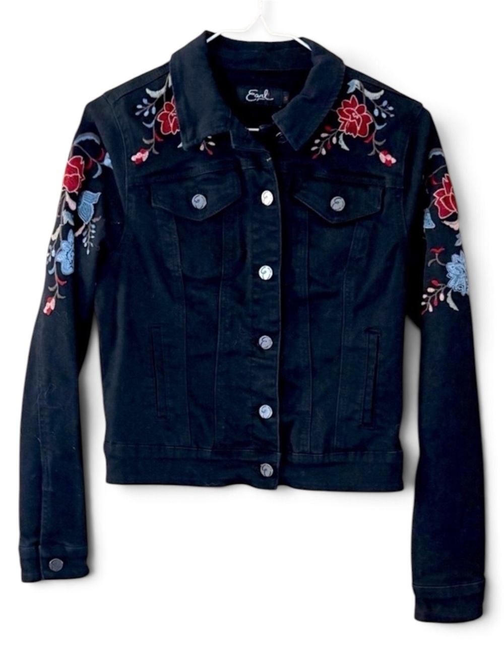 Earl Jeans Black Floral Embroidered Denim Jacket
